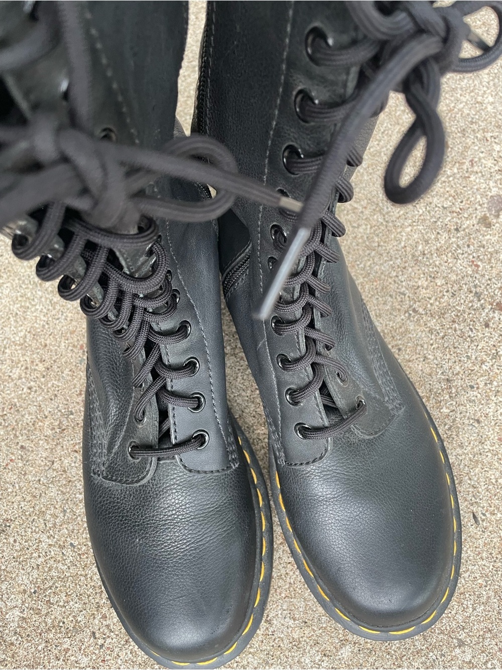 Dr. Martens Black Leather Lace-Up Combat Boots with Yellow Stitching